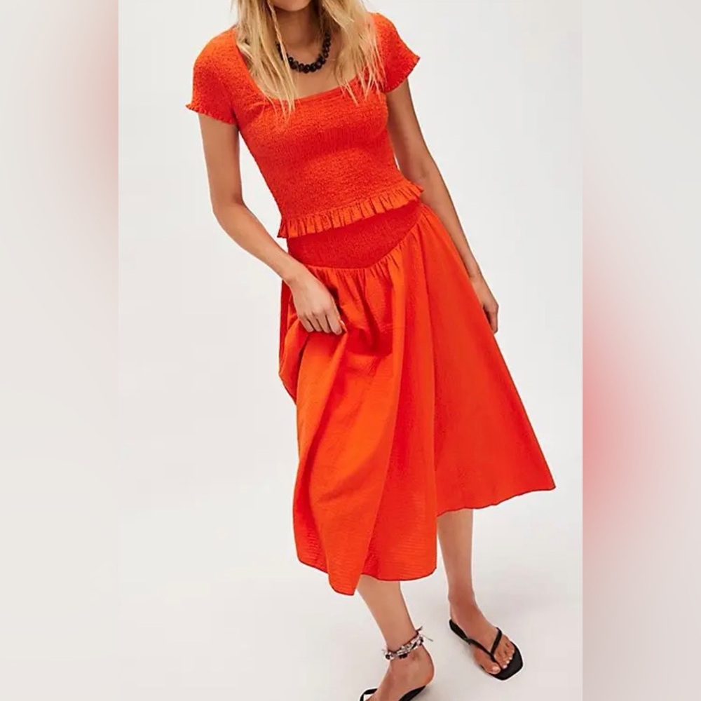 Free People Braveheart Solid Set Tangerine Combo M NWT Top & Midi Skirt